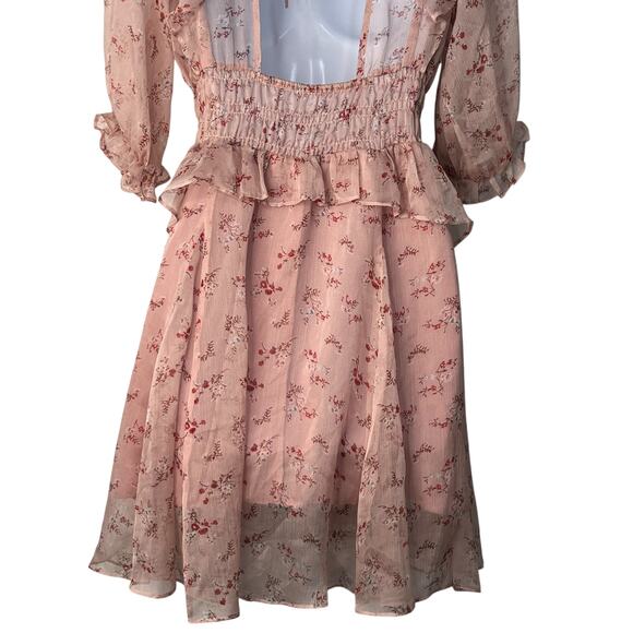 CY Fashion Blush Pink Floral Ruffle Boho Dress Chiffon Back Cutout Flowy Boho M - Picture 8 of 9